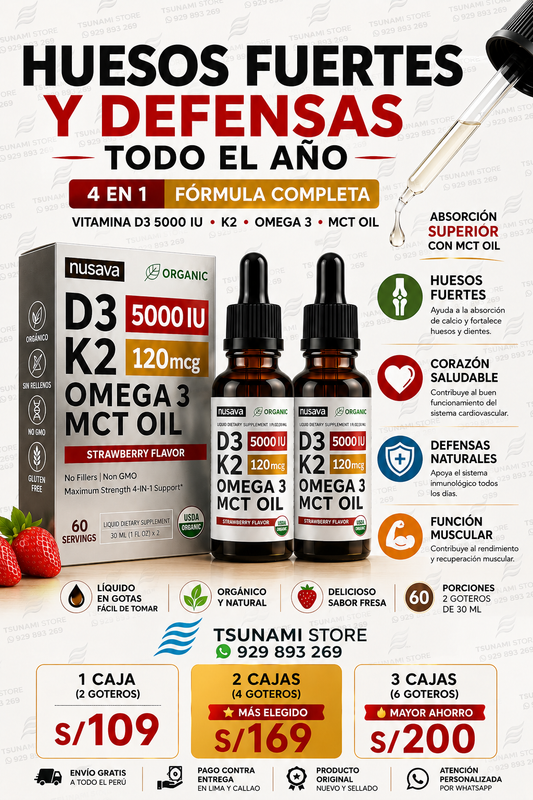 Vitamina D3 + K2 Líquida 5000 IU con Omega 3 y MCT Oil Nusava | 60 Porciones