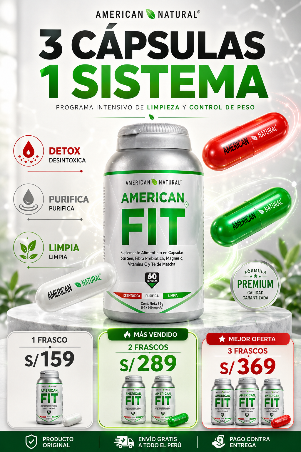 American FIT de American Natural 60 Cápsulas | Triple Acción Detox y Limpieza Digestiva
