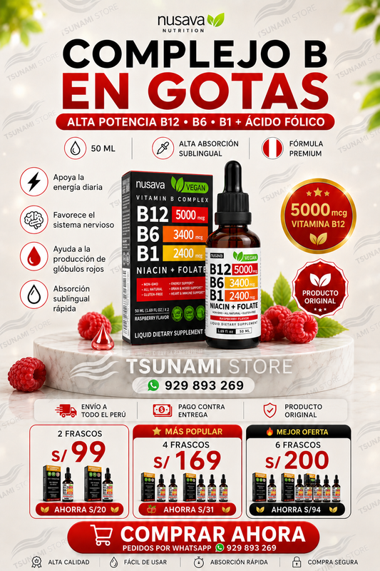 Vitamina B12 5000 mcg en Gotas Nusava – Complejo B Líquido Alta Potencia (2 Frascos)