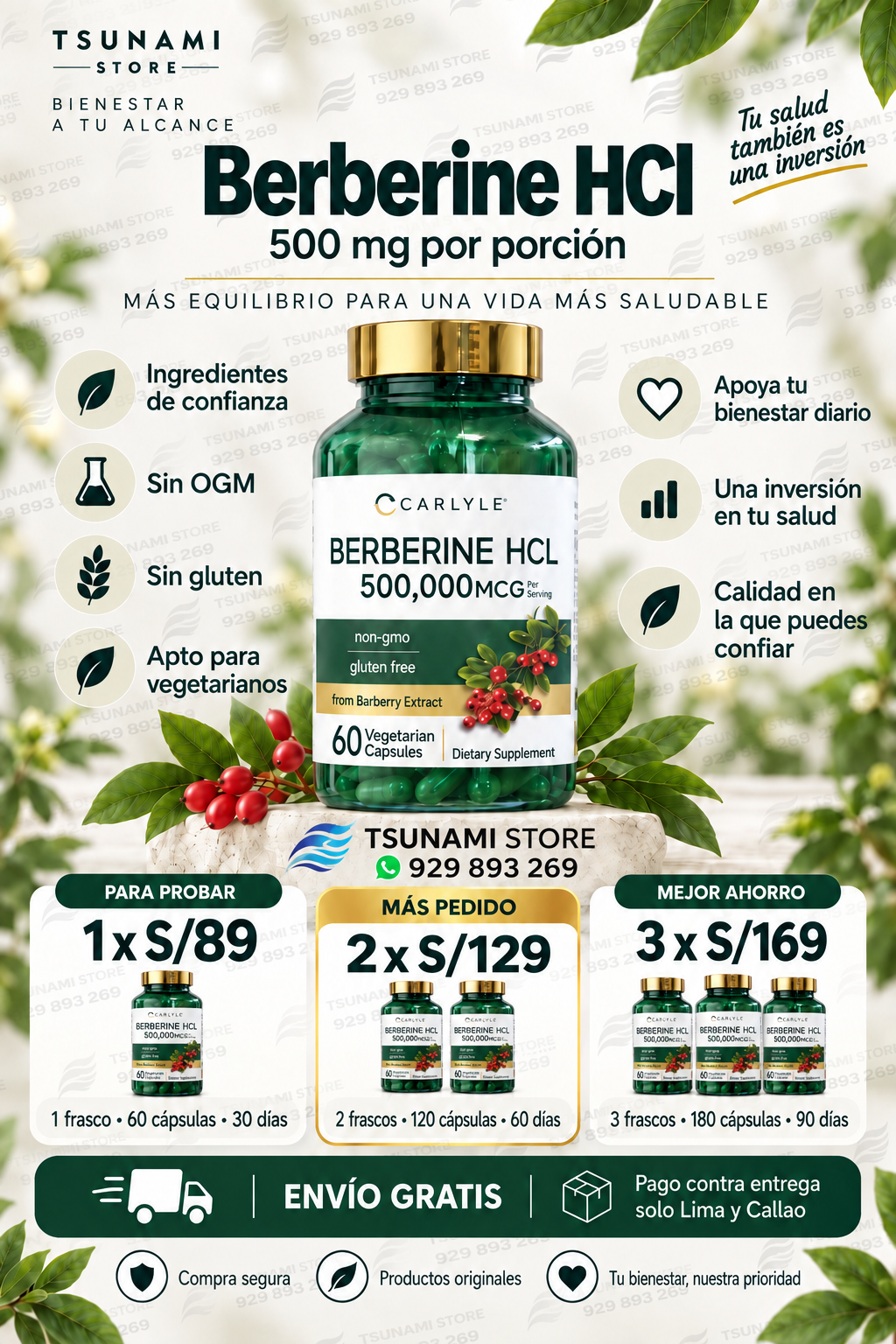 Berberina HCL 500 mg Carlyle | 60 Cápsulas Vegetarianas