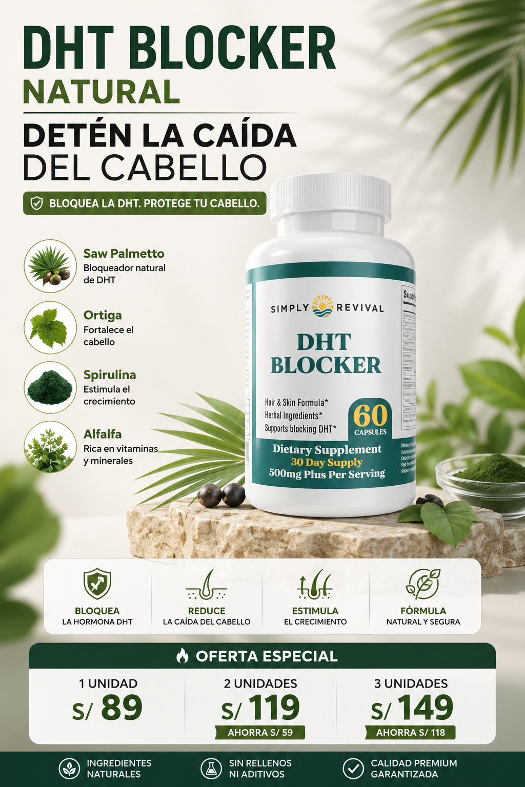 DHT Blocker Simply Revival 500mg – 60 Cápsulas | Bloqueador de DHT para la Caída del Cabello