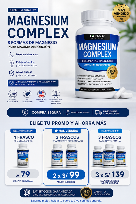 Magnesio Complex 1000 mg 90 cápsulas – 8 Tipos de Magnesio en un solo Producto