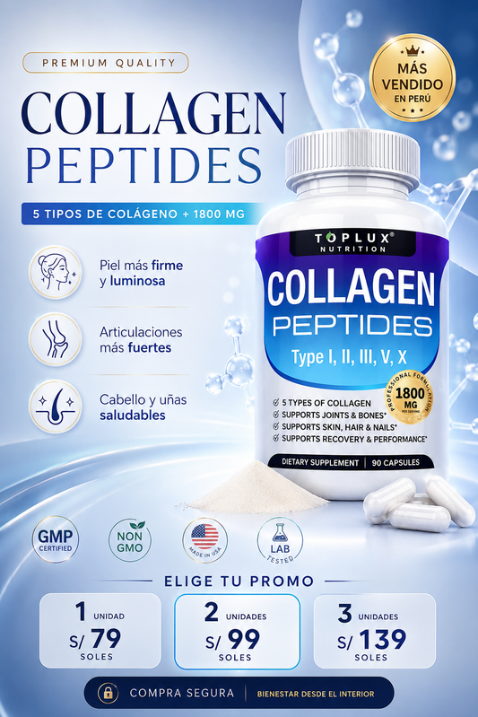 Colágeno Péptidos Toplux 1800 mg 90 Cápsulas - 5 Tipos de Colágeno en un solo Producto