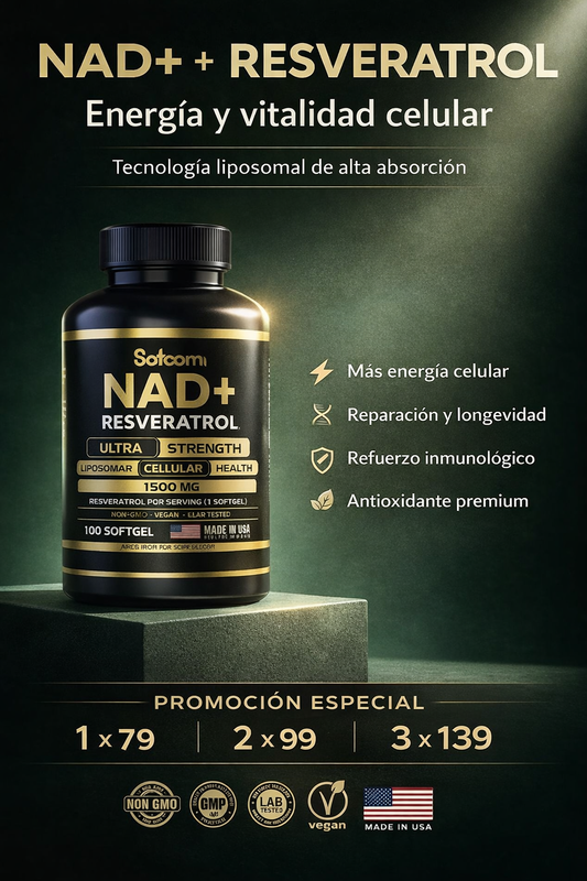 NAD+ + Resveratrol Liposomal 1500 mg – Fórmula Antioxidante de Alta Absorción | 100 Cápsulas