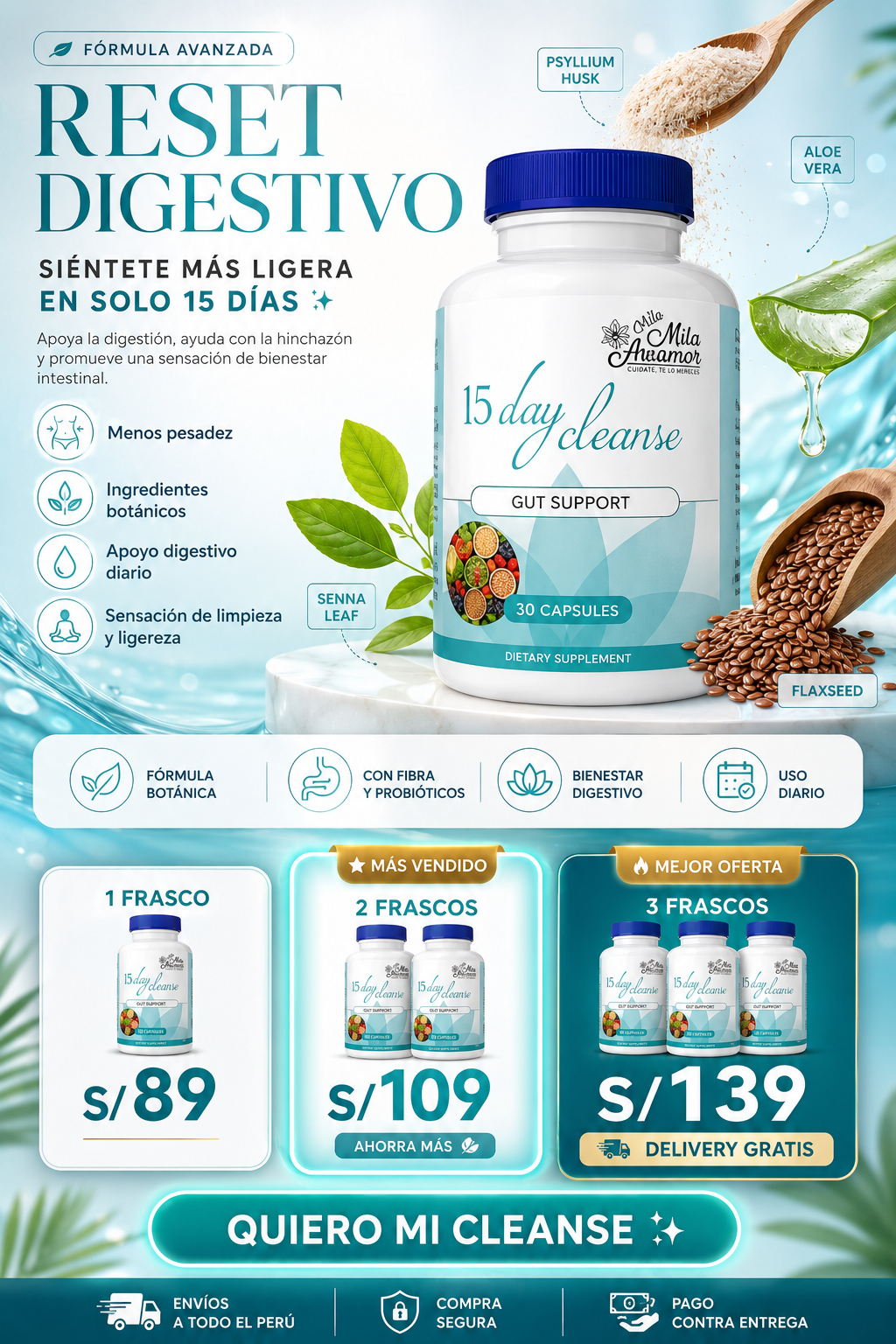 15 Day Cleanse Gut Support – Limpieza Digestiva y Bienestar Intestinal | 30 Cápsulas