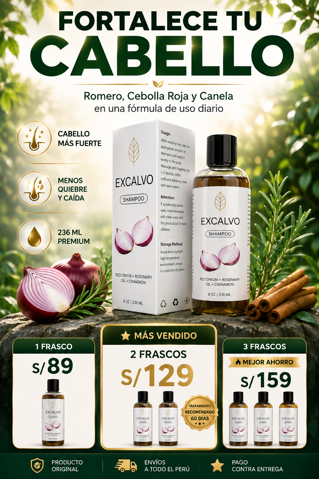 🥇 Excalvo Shampoo Anticaída 236ml | Romero, Cebolla Roja y Canela
