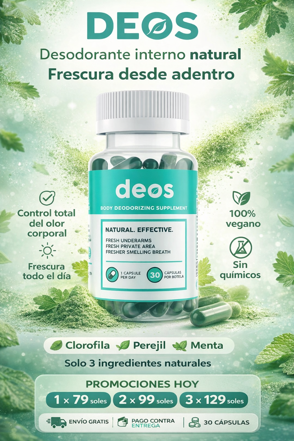 Desodorante Interno DEOS con Clorofila, Eucalipto y Menta – 30 Cápsulas Naturales