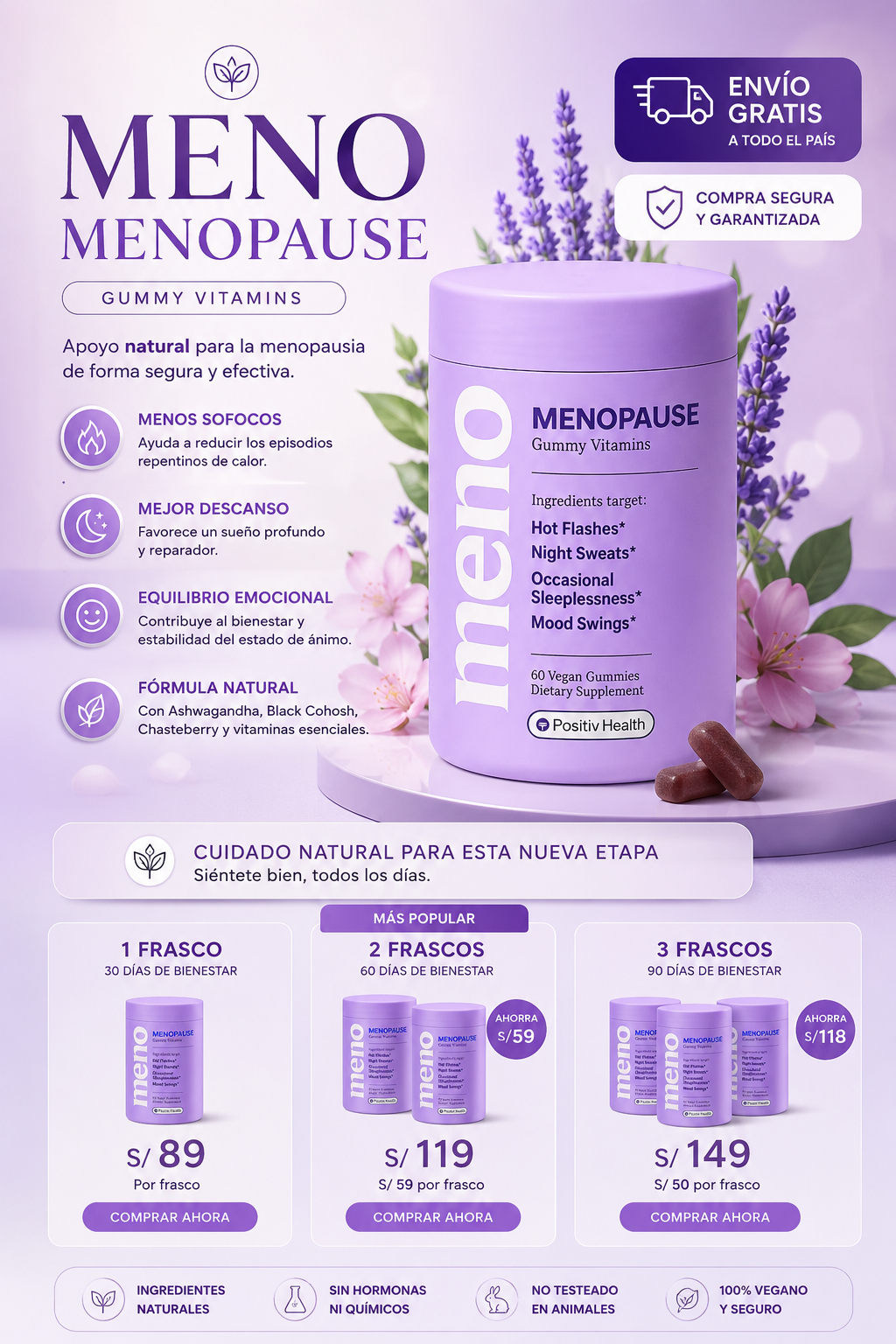 MENO Vitaminas para la menopausia | 60 cápsulas con Ashwagandha, Black Cohosh y Vitaminas