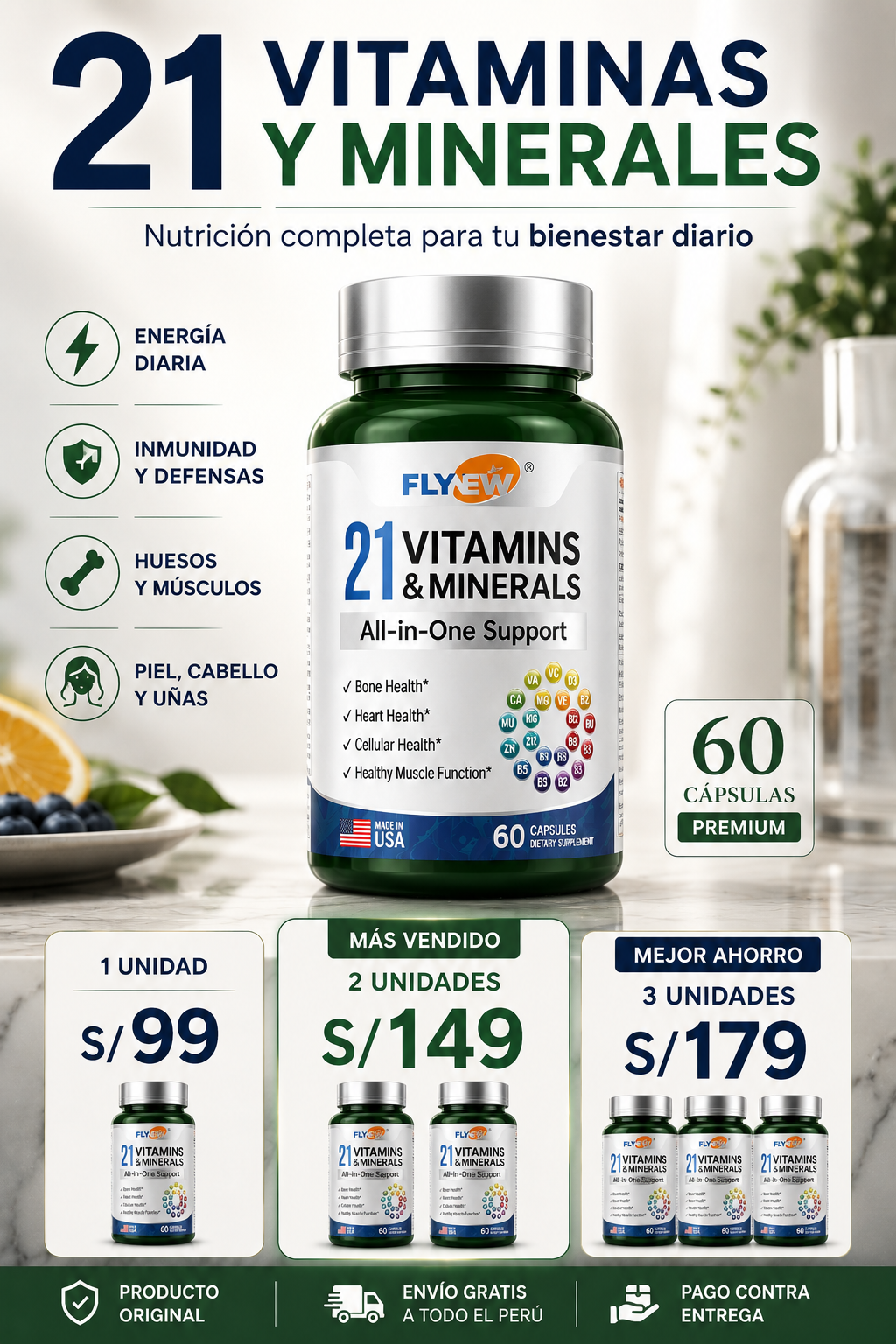 Multivitamínico Completo con 21 Vitaminas y Minerales | FLYNEW 60 Cápsulas
