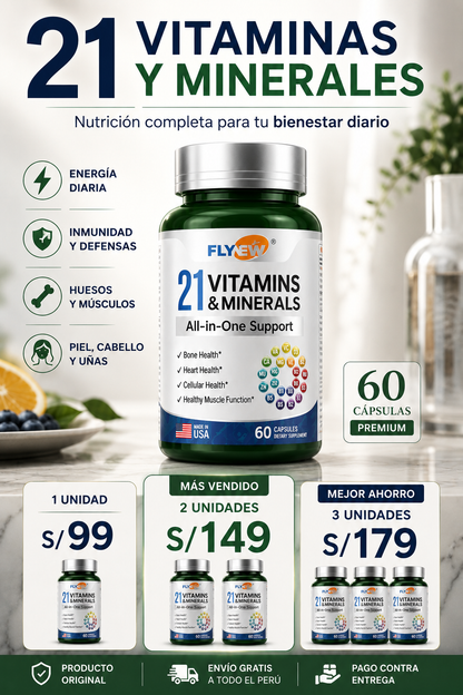 Multivitamínico Completo con 21 Vitaminas y Minerales | FLYNEW 60 Cápsulas