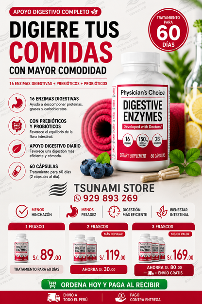 Physician's Choice Digestive Enzymes 60 Cápsulas | Apoyo Digestivo y Menos Hinchazón