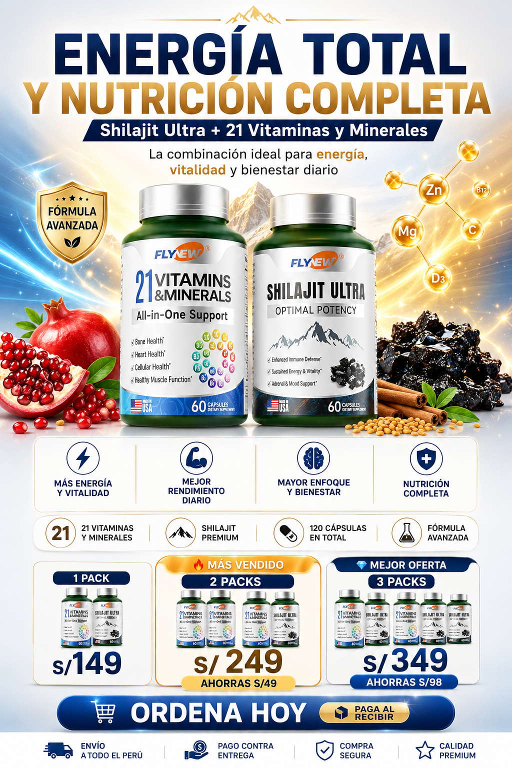 SHILAJIT ULTRA + 21 VITAMINAS & MINERALES PACK ENERGÍA TOTAL