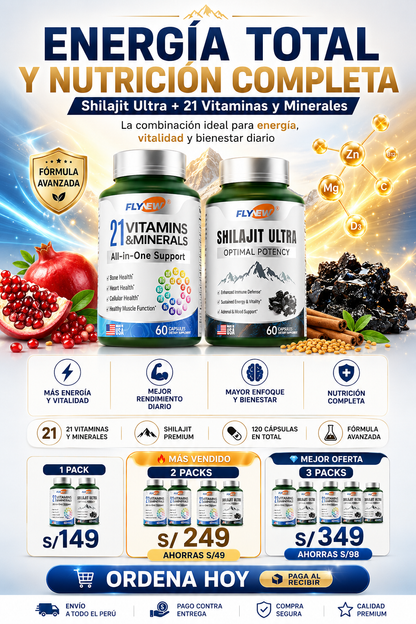 SHILAJIT ULTRA + 21 VITAMINAS & MINERALES PACK ENERGÍA TOTAL