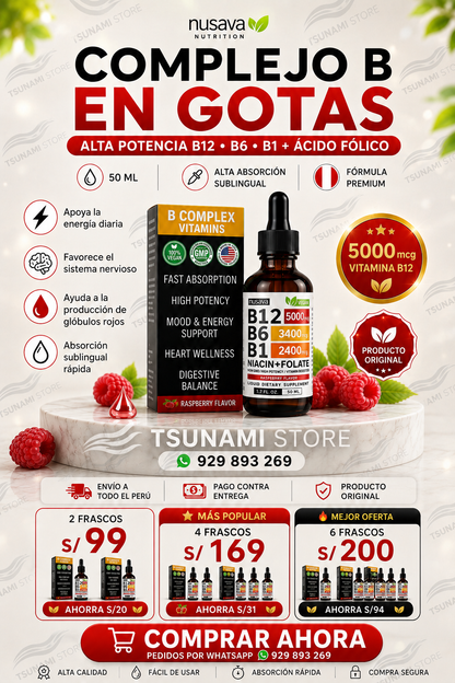 Vitamina B12 5000 mcg en Gotas Nusava – Complejo B Líquido Alta Potencia (2 Frascos)