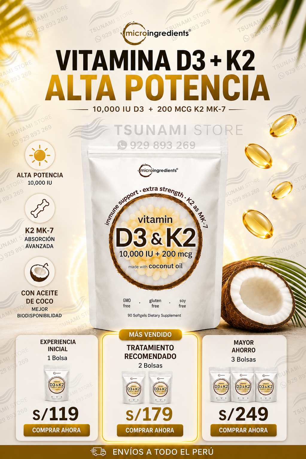 Vitamina D3 + K2 MK7 10,000 IU Alta Potencia | Microingredients