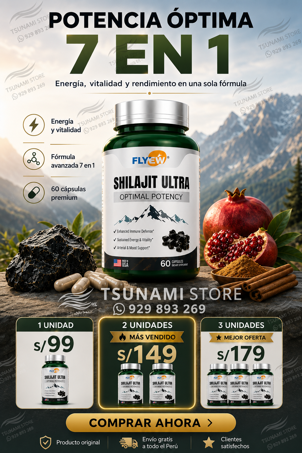 Shilajit Ultra 7 en 1 – Energía, Vitalidad y Rendimiento Masculino | 60 Cápsulas
