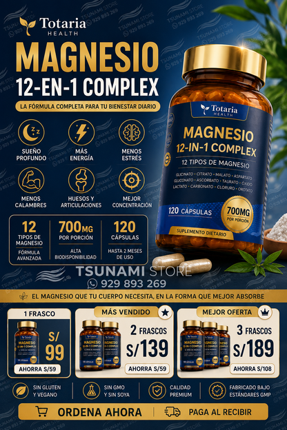 Magnesio 12 Formas + 700 mg – Más Energía, Sueño Profundo y Menos Estrés