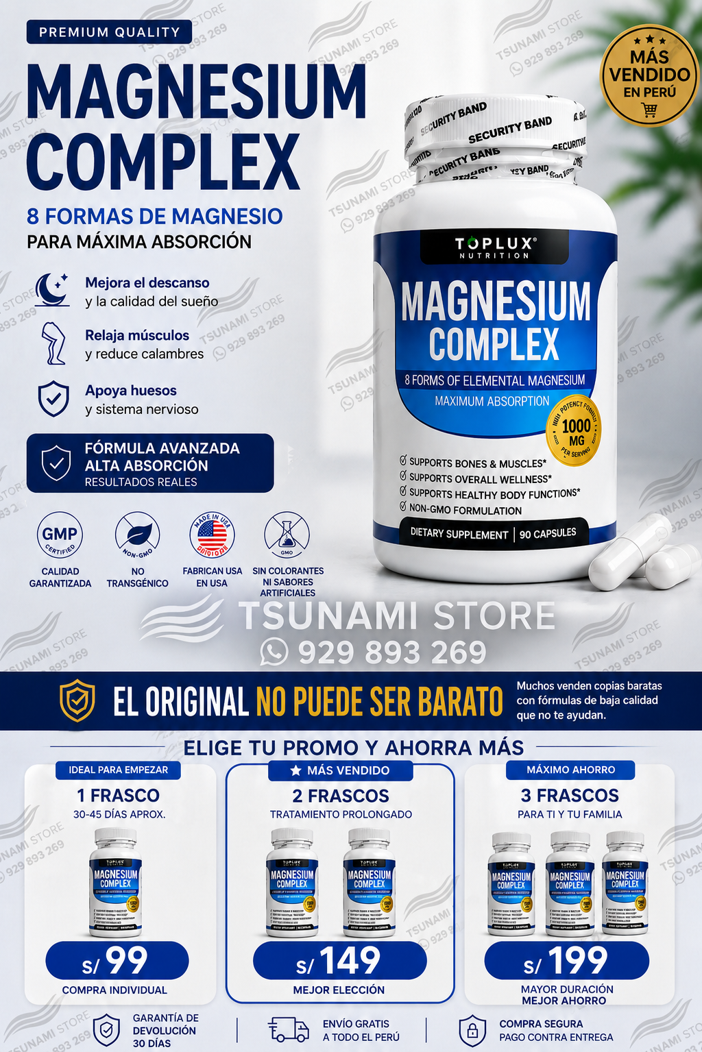 Magnesio Complex 1000 mg 90 cápsulas – 8 Tipos de Magnesio en un solo Producto