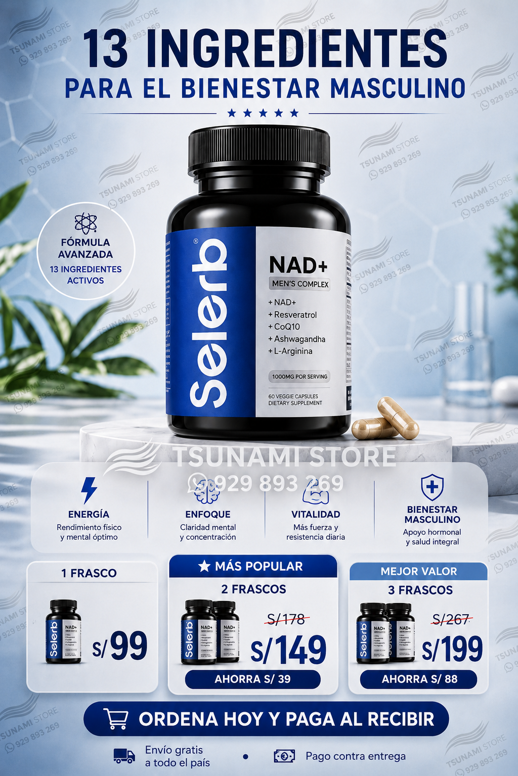 NAD+ Complejo Masculino con Resveratrol, CoQ10 y Ashwagandha – 60 Cápsulas | Soporte Celular y Hormonal