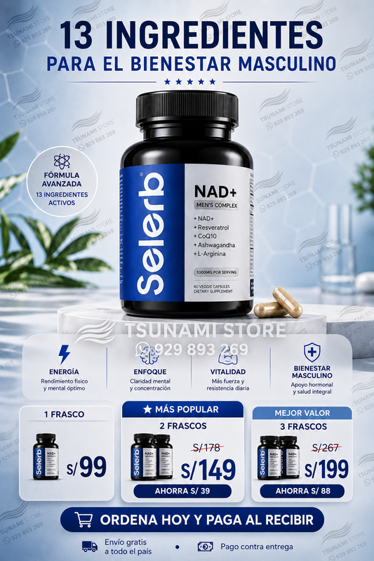 NAD+ Complejo Masculino con Resveratrol, CoQ10 y Ashwagandha – 60 Cápsulas | Soporte Celular y Hormonal