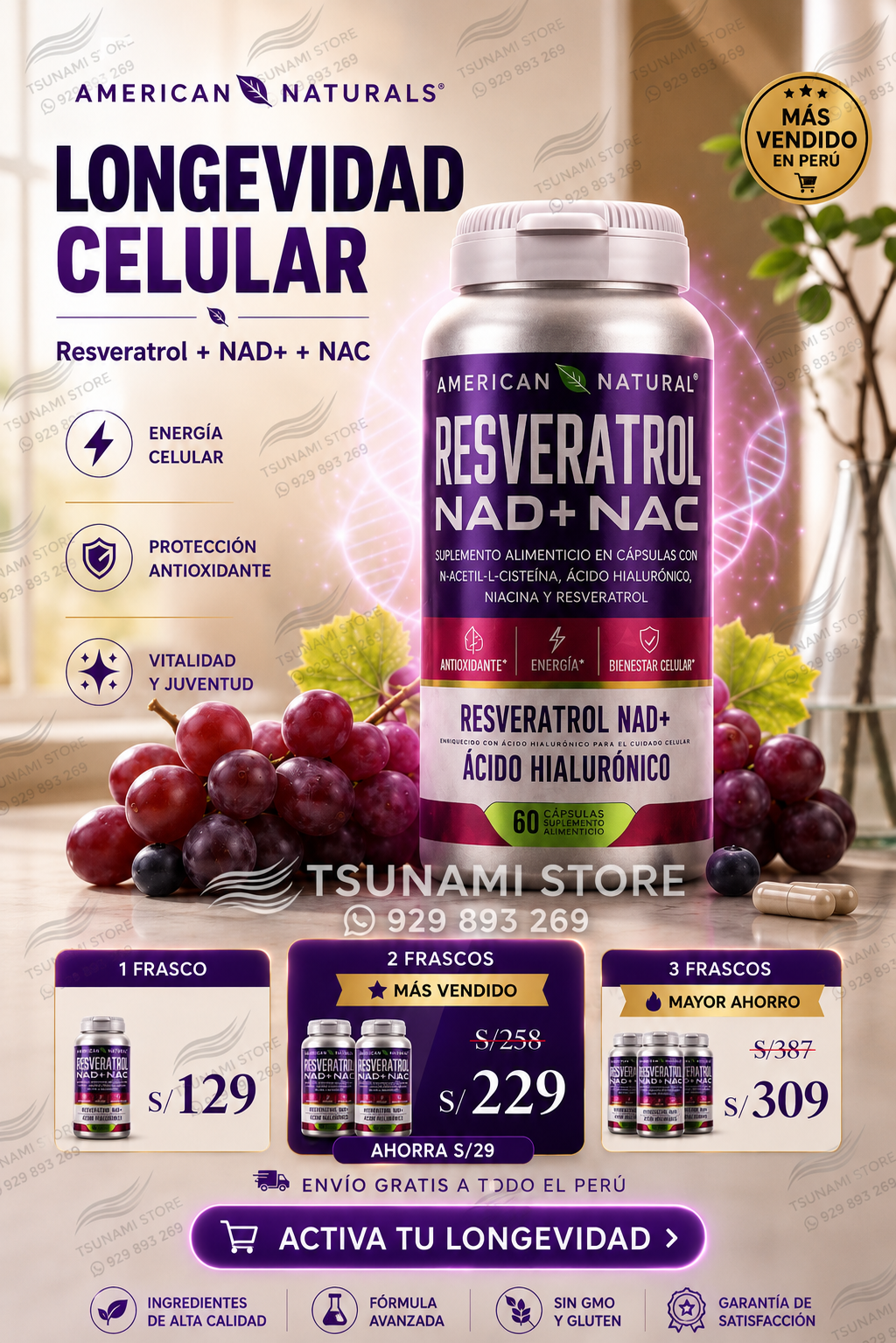 Resveratrol NAD+ NAC con Ácido Hialurónico | Fórmula Avanzada para Envejecimiento Saludable y Vitalidad
