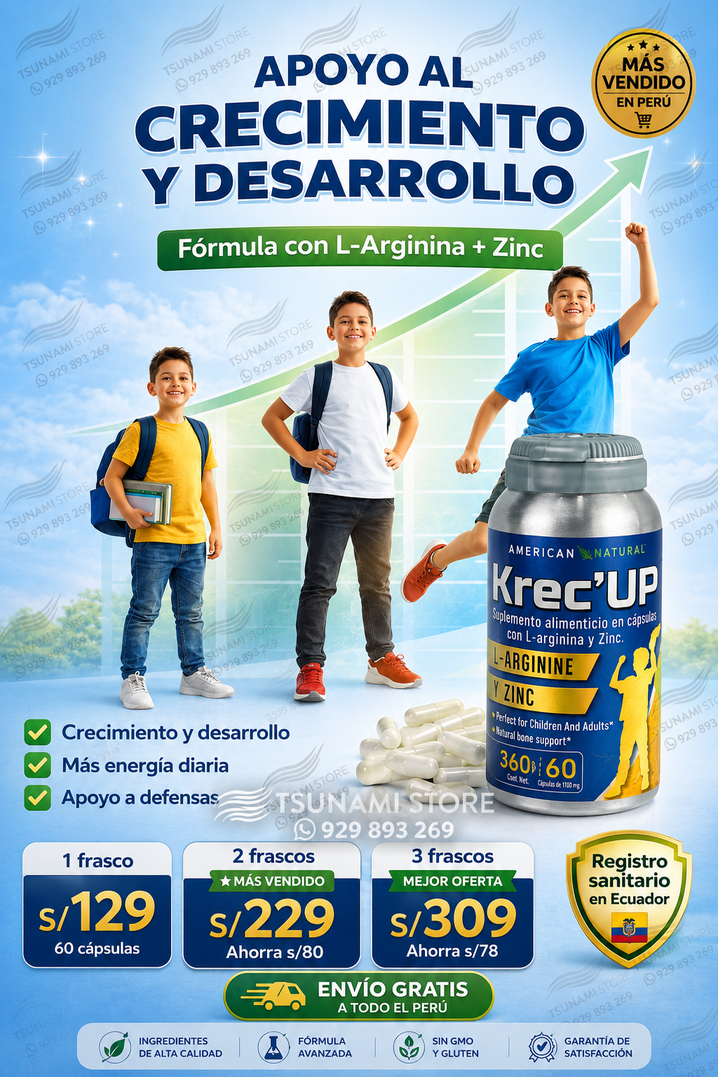 Krec’Up American Natural | L-Arginina + Zinc para Crecimiento y Energía (9 a 22 años)