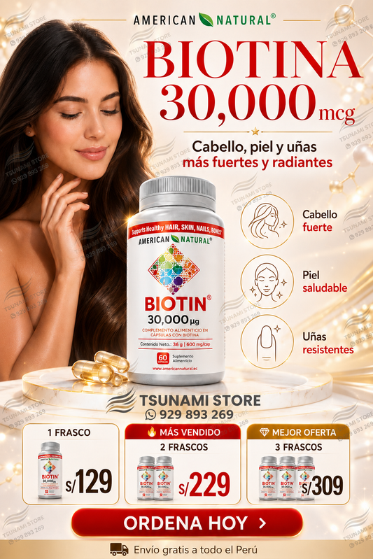 Biotina 30,000 mcg American Natural | Fortalece Cabello, Piel y Uñas