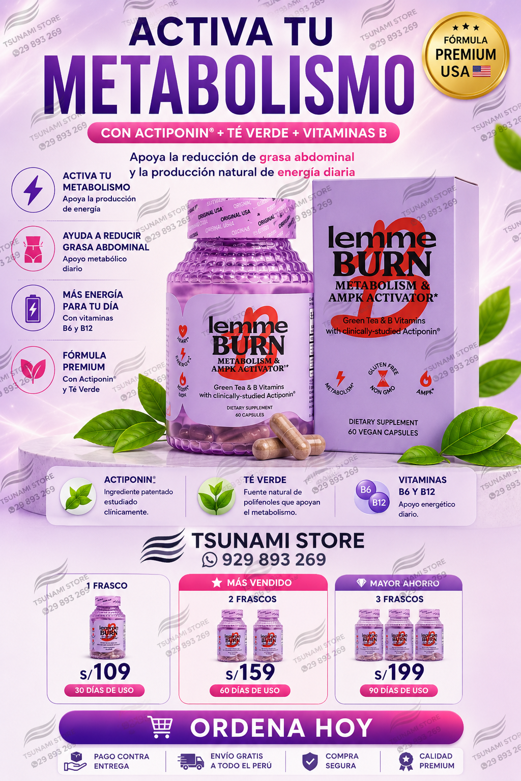 Lemme Burn Activador del Metabolismo y AMPK 60 Cápsulas | Actiponin® + Té Verde