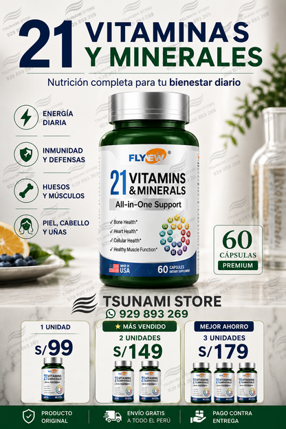 Multivitamínico Completo con 21 Vitaminas y Minerales | FLYNEW 60 Cápsulas