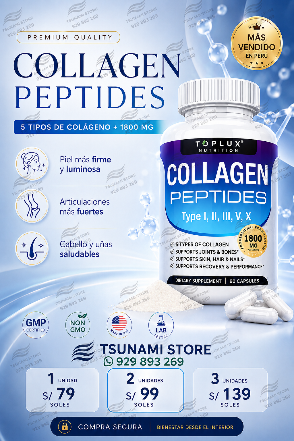 Colágeno Péptidos Toplux 1800 mg 90 Cápsulas - 5 Tipos de Colágeno en un solo Producto