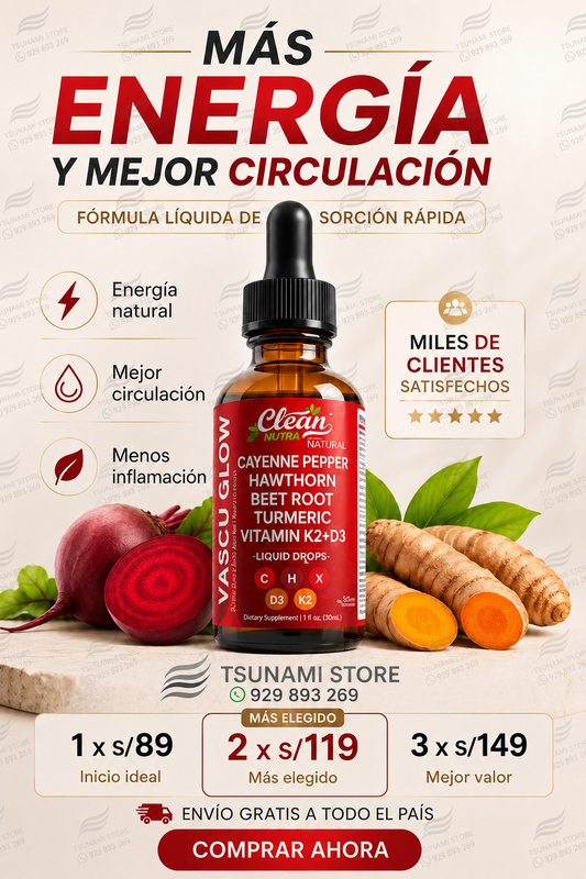 Vascu Glow Suplemento Natural para la Circulación y Energía | Remolacha, Cúrcuma, Ginseng y Vitaminas D3 K2