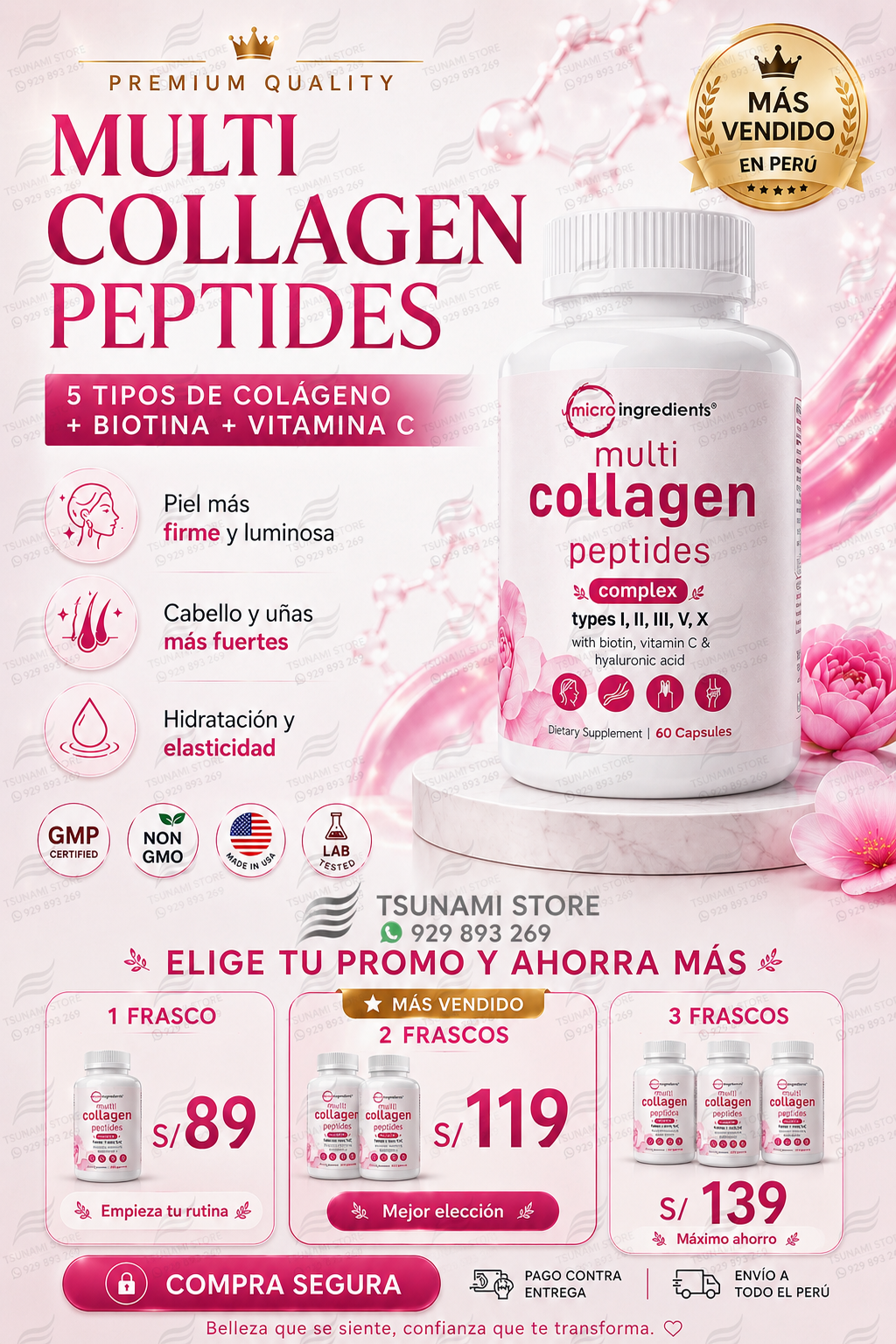 Multi Collagen Peptides Micro Ingredients | Colágeno Hidrolizado con Biotina, Vitamina C y Ácido Hialurónico – 60 Cápsulas