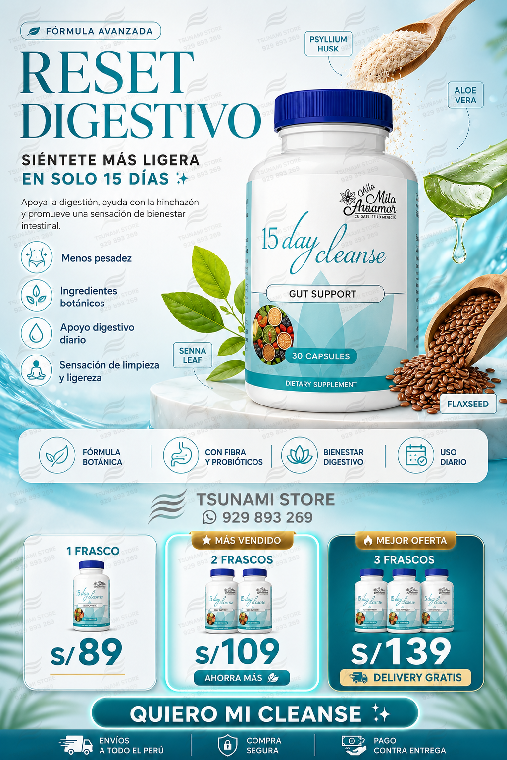 15 Day Cleanse Gut Support – Limpieza Digestiva y Bienestar Intestinal | 30 Cápsulas
