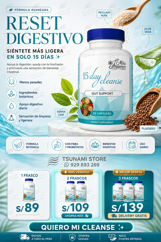 15 Day Cleanse Gut Support – Limpieza Digestiva y Bienestar Intestinal | 30 Cápsulas