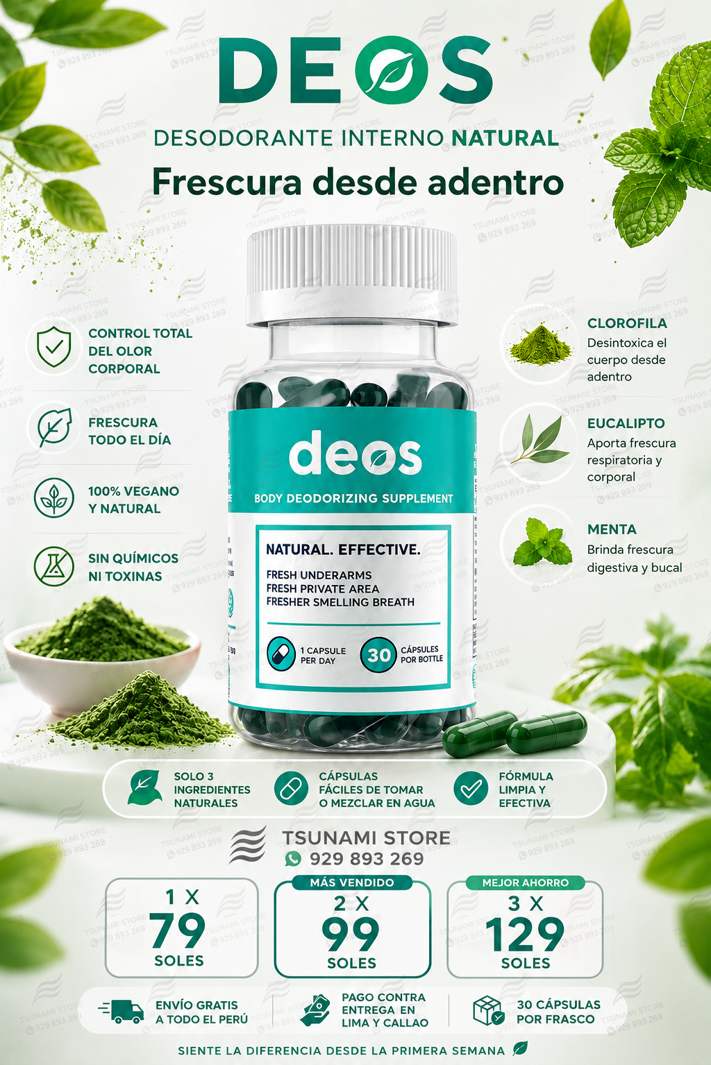Desodorante Interno DEOS con Clorofila, Eucalipto y Menta – 30 Cápsulas Naturales