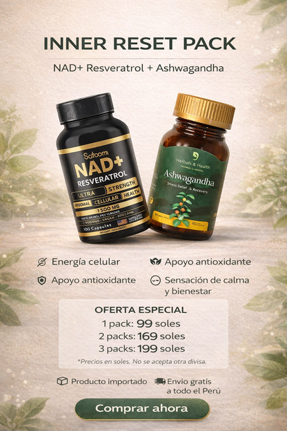Inner Reset Pack – NAD+ Resveratrol 100 cápsulas + Ashwagandha 60 cápsulas