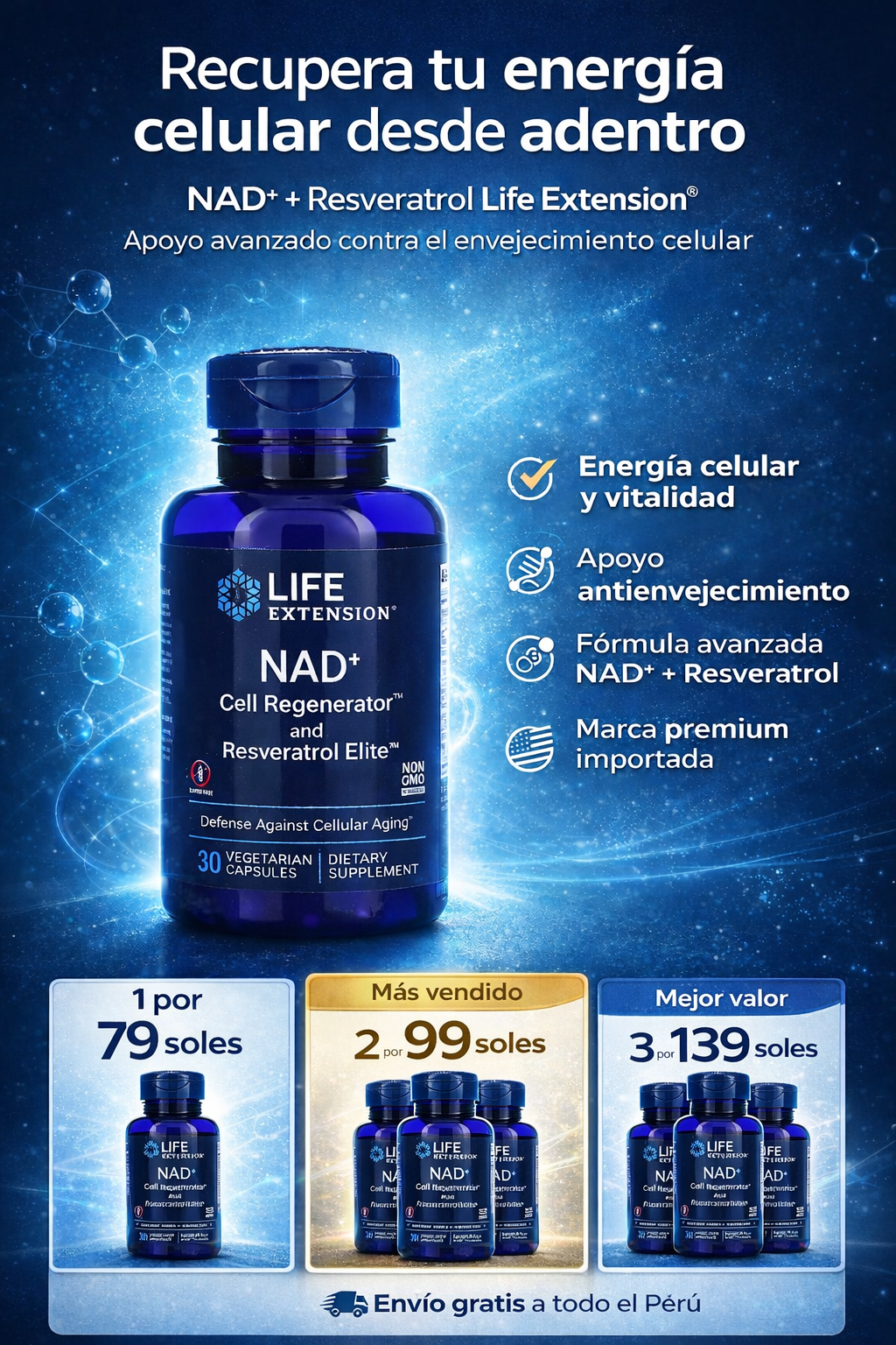NAD+ + Resveratrol Life Extension 30 Cápsulas | Energía Celular, Antienvejecimiento y Vitalidad