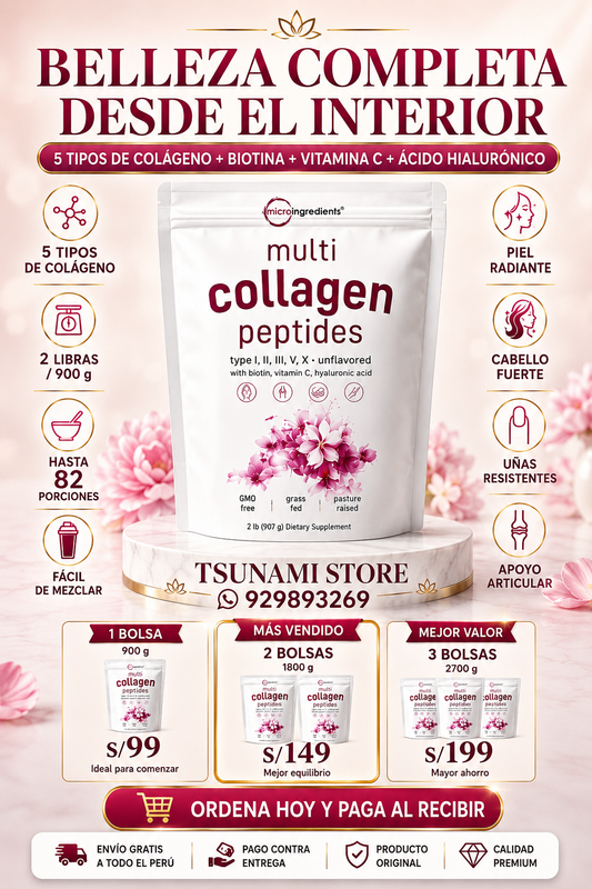 Multi Collagen Peptides 907 g – Colágeno Tipos I, II, III, V y X con Biotina, Vitamina C y Ácido Hialurónico | Piel, Cabello y Articulaciones