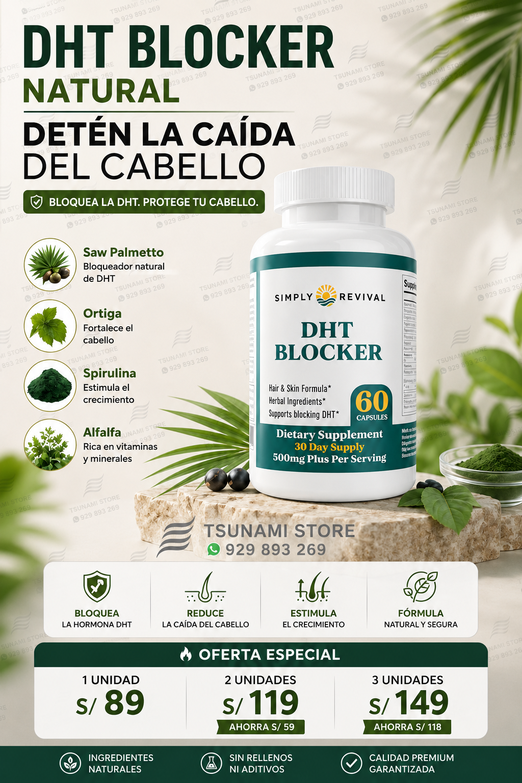 DHT Blocker Simply Revival 500mg – 60 Cápsulas | Bloqueador de DHT para la Caída del Cabello