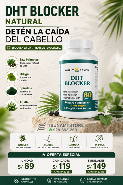DHT Blocker Simply Revival 500mg – 60 Cápsulas | Bloqueador de DHT para la Caída del Cabello