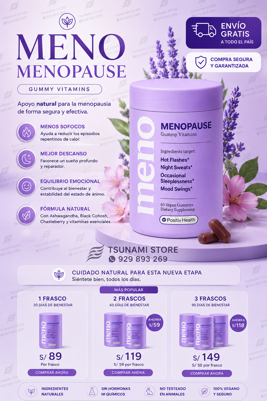 MENO Vitaminas para la menopausia | 60 cápsulas con Ashwagandha, Black Cohosh y Vitaminas