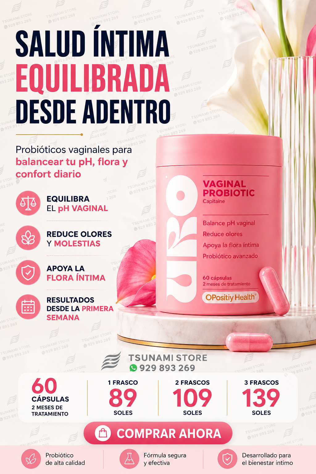 URO Vaginal Probiotic 60 Cápsulas – Probiótico Vaginal para Equilibrar pH, Flora Íntima y Bienestar Femenino