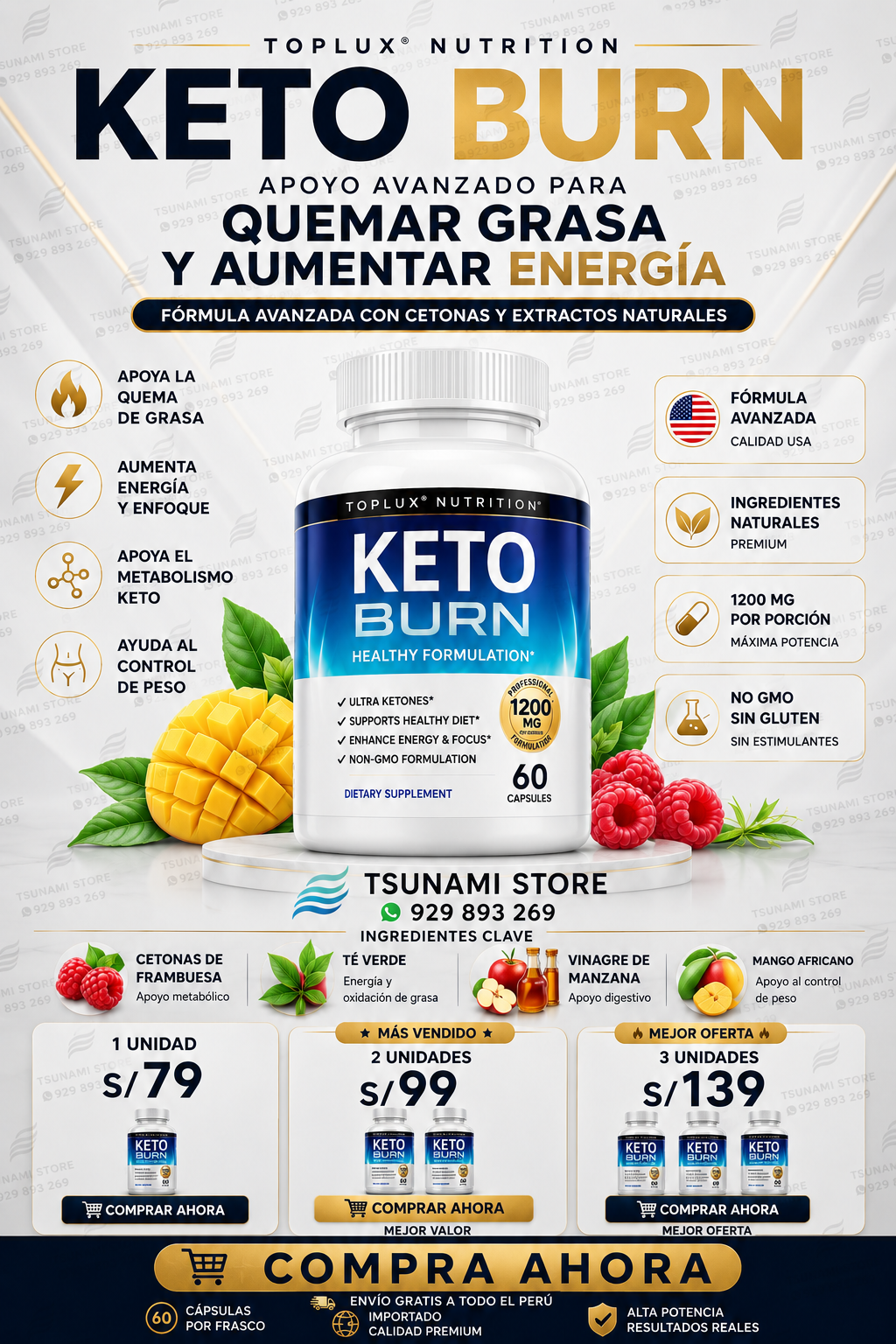 Keto Burn Toplux Nutrition 60 cápsulas – Fórmula avanzada para energía y quema de grasa
