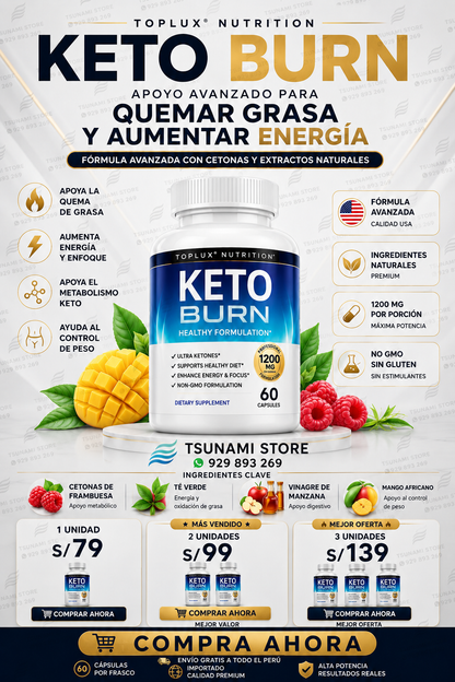 Keto Burn Toplux Nutrition 60 cápsulas – Fórmula avanzada para energía y quema de grasa