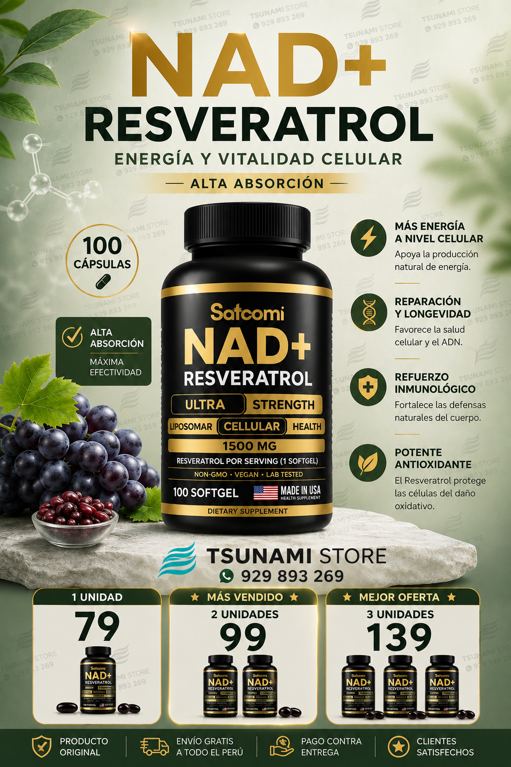 NAD+ + Resveratrol Liposomal 1500 mg – Fórmula Antioxidante de Alta Absorción | 100 Cápsulas