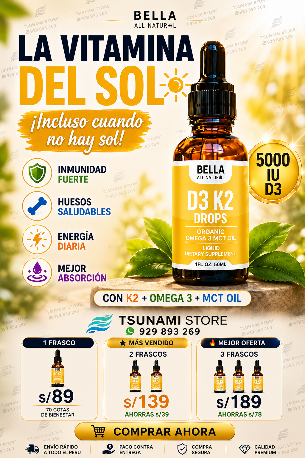 Bella All Natural Vitamina D3 K2 con Omega 3 - MCT Oil