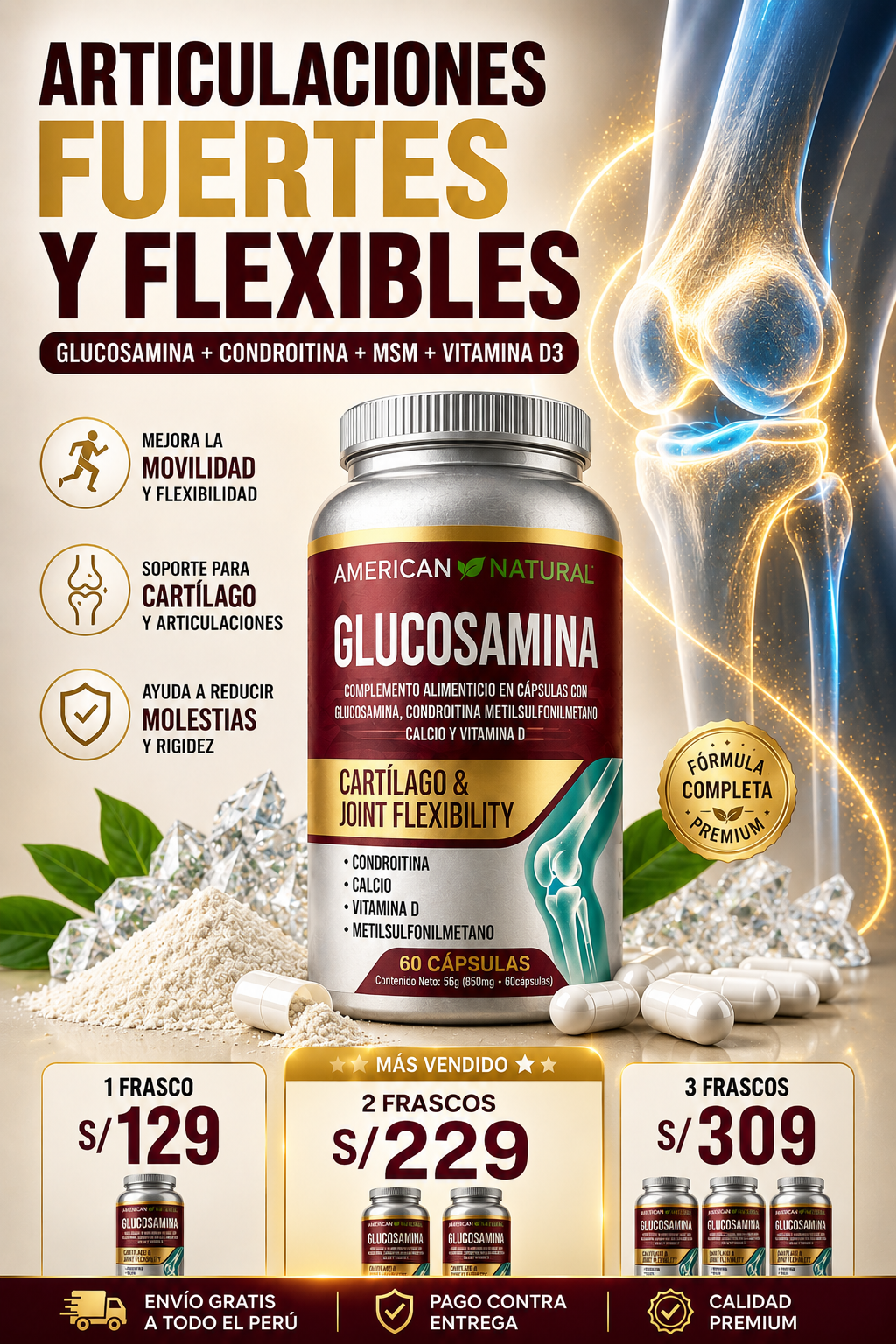 Glucosamina + Condroitina + MSM + Vitamina D3 | Soporte para Cartílago y Flexibilidad