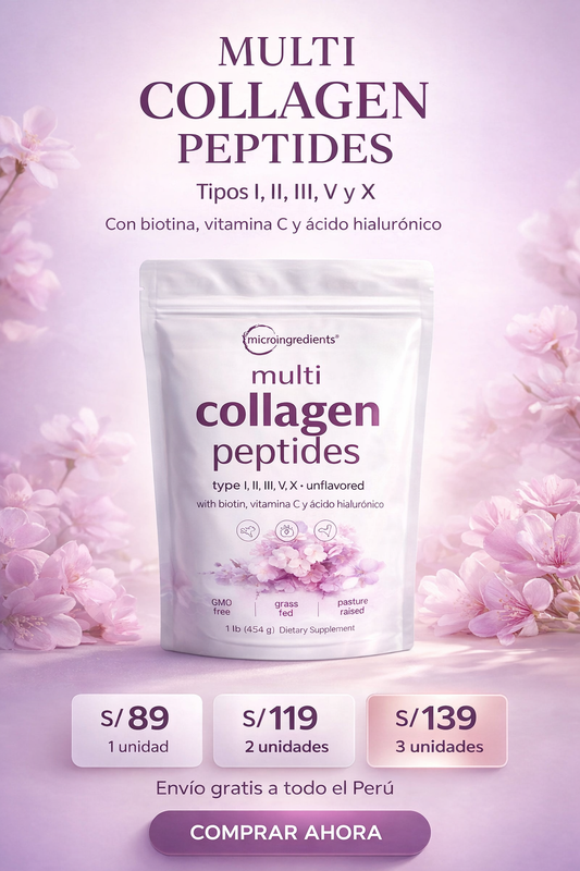 Multi Collagen Peptides 454 g – Colágeno Tipos I, II, III, V y X con Biotina, Vitamina C y Ácido Hialurónico | Piel, Cabello y Articulaciones