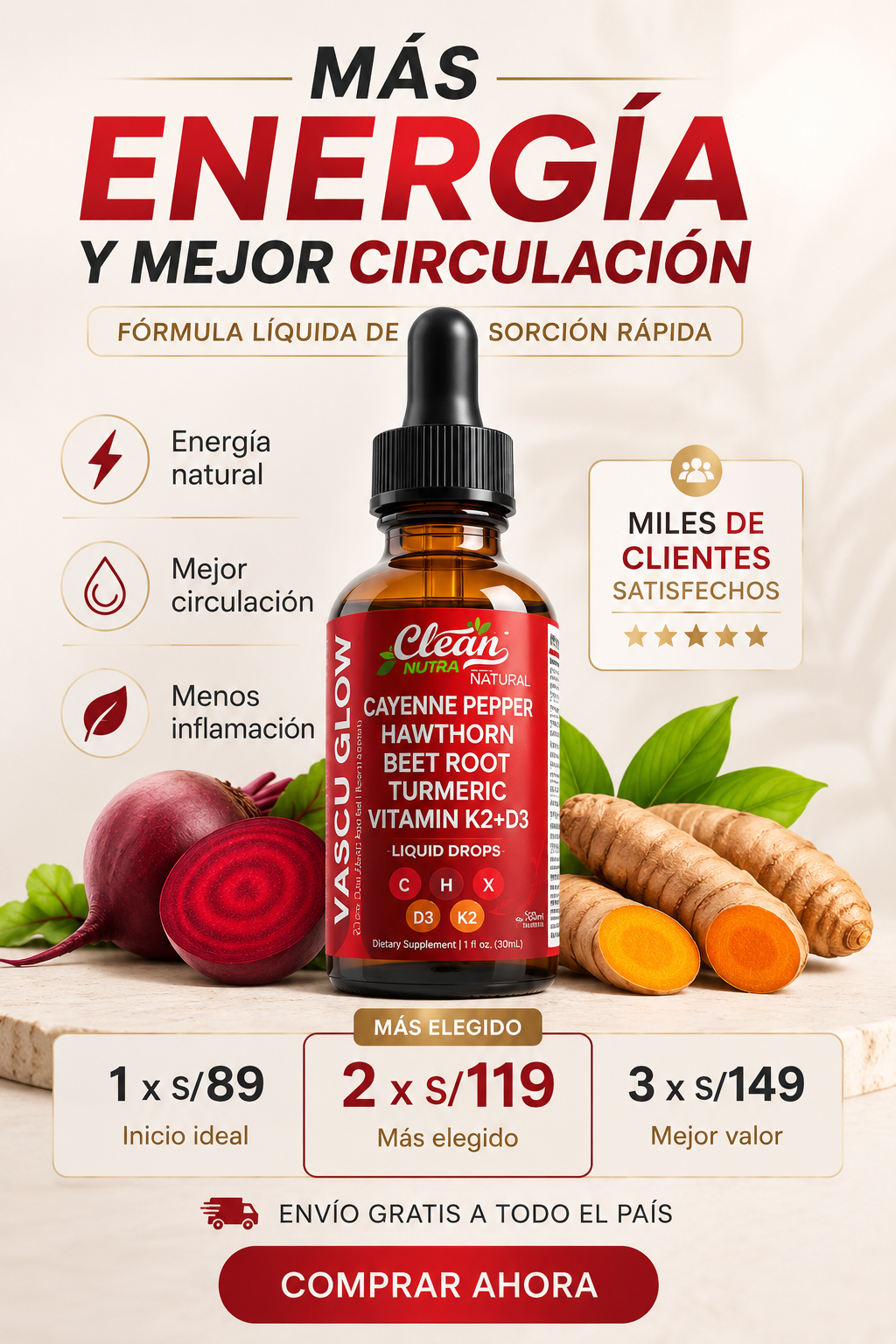 Vascu Glow Suplemento Natural para la Circulación y Energía | Remolacha, Cúrcuma, Ginseng y Vitaminas D3 K2
