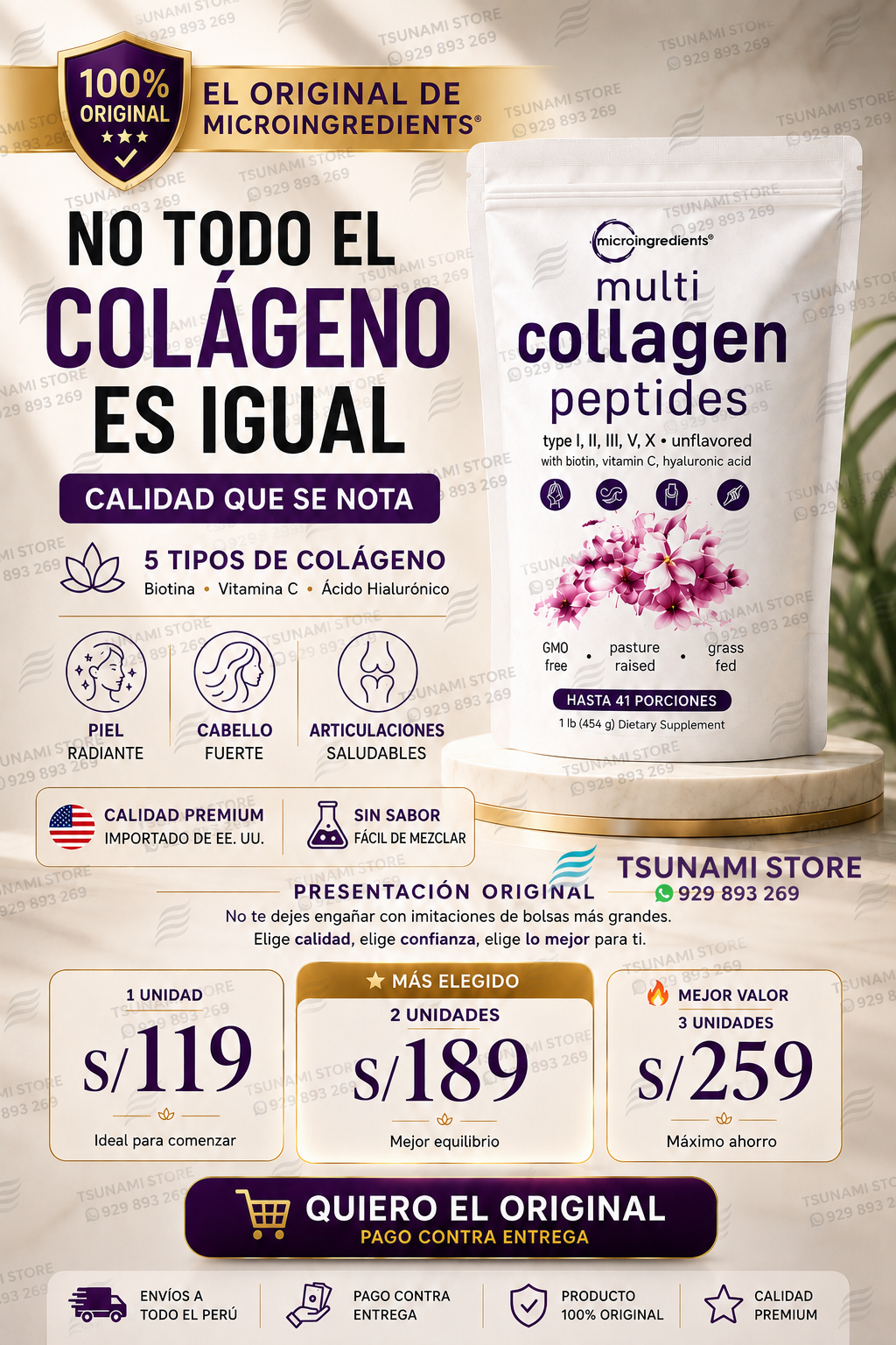 Multi Collagen Peptides 454 g – Colágeno Tipos I, II, III, V y X con Biotina, Vitamina C y Ácido Hialurónico | Piel, Cabello y Articulaciones